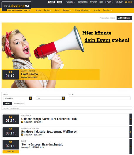 Ihre Veranstaltung wird mit grossem Bild auf der Startseite der Agenda präsentiert. Zusätzlich ist die Veranstaltung im Verlauf gelistet mit farblicher Hervorhebung.