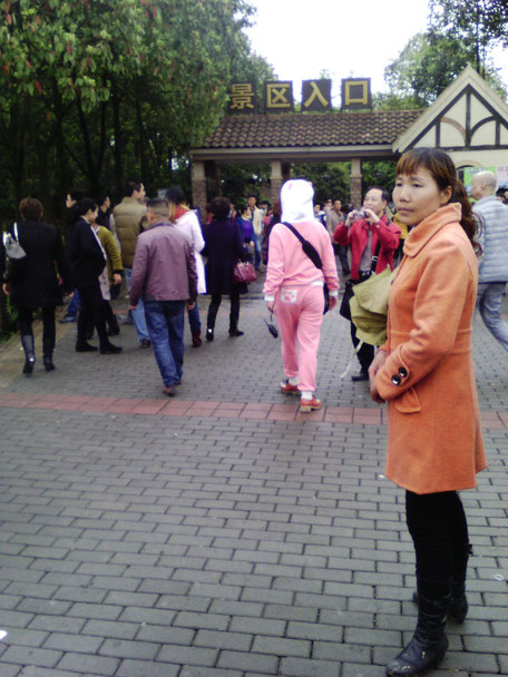 Bevor wir zum Berg fuhren besichtigten wir Tulpen in der Näher von Chengdu, wo es auch eine Frau in pinkem Tieranzug gab.