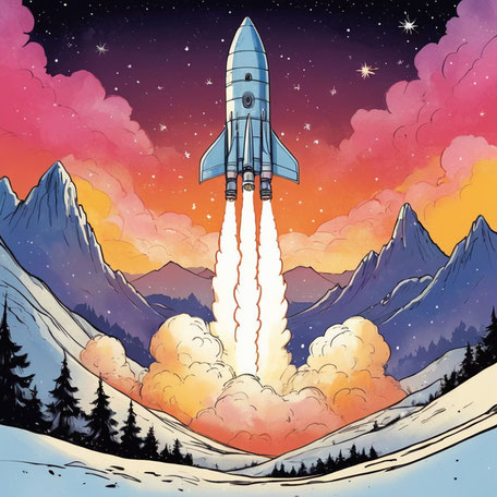 Illustration einer Rakete vor Bergkulisse im Winter, wie bei einem Start mit Design für dein Unternehmen