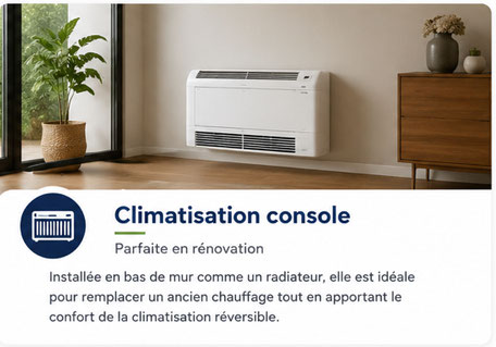 Climatisation console. Installée en bas de mur comme un radiateur pour remplacer un ancien radiateur. Installation de climatisation à Laval. Expert en Climatisation. Entretien. 