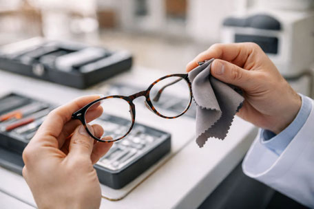 Optiker überprüft Brille