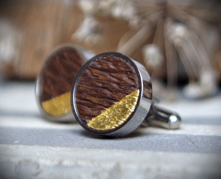 Manschettenknöpfe aus Holz mit Edelstahl, 925 Silber, Blattgold und Platin aus historischen Hölzern