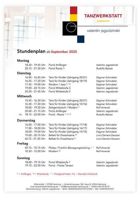 Stundenplan Tanzstudio Tanzschule Tanzwerkstatt Hamburg Hoheluft
