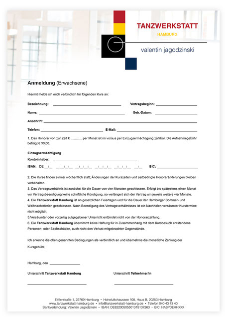 Anmeldung Tanzkurs Ballett Anmeldeformular