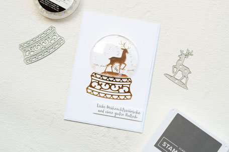 Stampin Up Schneekugel Plastikkuppel Metallic-Folienpapier Flüsterweiß Frostige Grüße Schneeflocken Weihnachtskarte Weihnachten 2019