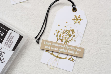 Stampin Up Frostige Grüße Geschenkanhänger Stanze Bezaubernder Anhänger Embossing Gold Savanne Flüsterweiß Azetatschachteln für Karten