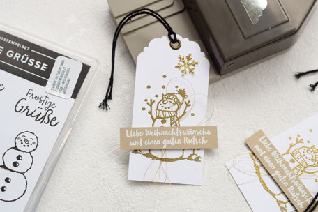 Stampin Up Frostige Grüße Geschenkanhänger Stanze Bezaubernder Anhänger Embossing Gold Savanne Flüsterweiß Azetatschachteln für Karten