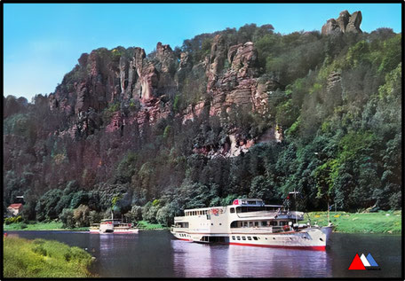 Postkaart Seitenradmotorschiff Karl Marx von Pirna nach Bad Schwandau Hintergrund die Bastei Verlag Bild Und Heimat 1984.