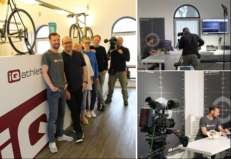 Oberarzt Mario Berwald, Diagnostikexperte Sebastian Mühlenhoff und das Filmteam im Trainingsinstitut iQ athletik