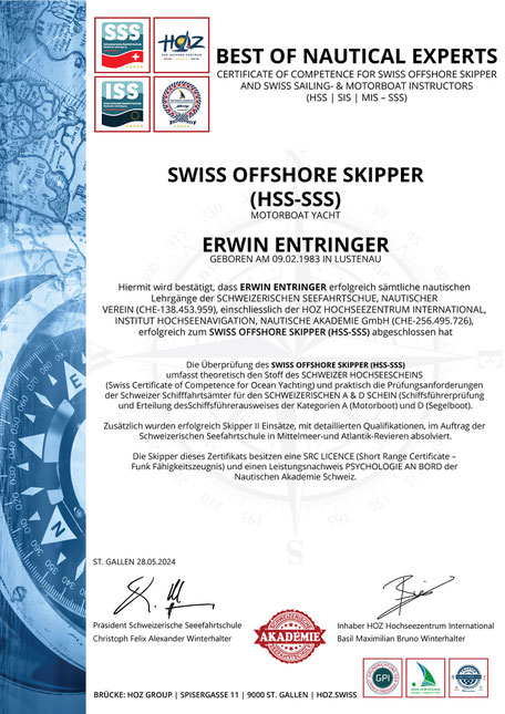 Zertifikat SWISS OFFSHORE SKIPPER (HSS–SSS) für Erwin Entringer – Ausbildung nach CCS/SYA-Standards, A/D-Prüfung, Funk und Verantwortung an Bord.