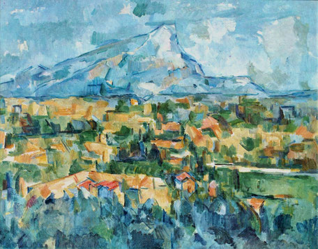 Par gros aplats de bleus la Sainte Victoire massive se dessine vue depuis l'ouest avec à ses pieds en ocre et vert des maisons et la végétation. #provence #art #ayniart.