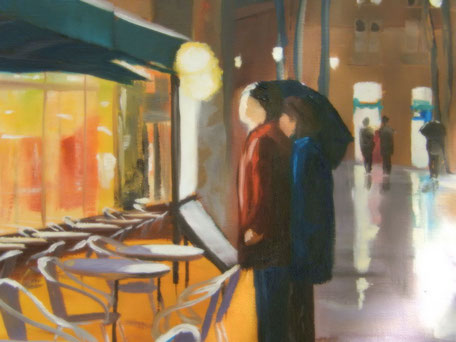 Un homme et une femme sous un parapluie de nuit lise la carte de la célèbre brasserie Aixoise, aux reflets on devine la pluie tout est serein. #art #provence #ayniart