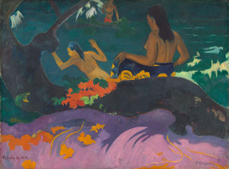 Prés de la mer, un pêcheur avec une lance dans l'eau une femme assise torse nue avec un paréo aux motifs jaune sur un rocher le regarde #provence #art #ayniart