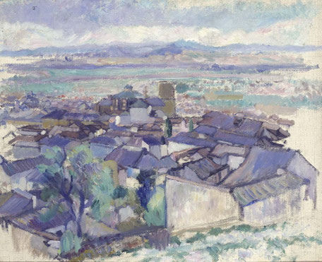 dans des teintes de bleus de mauves des formes géométriques dessinent un village au premier plan et des collines à l'horizon. #provence #art #ayniart.