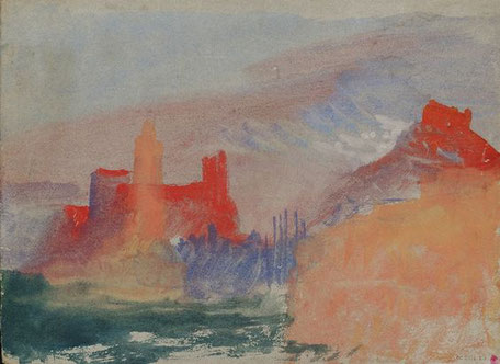Aquarelle de collines et de forts dans les tons de rouge avec un mer verte, Marseille surgie avec un ciel gris. #provence#art#ayniart