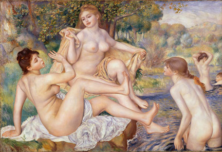 Trois baigneuses nues avec de longs cheveux tressés sont au bord d'un lac et discutent dans une lumière douce. #provence #art # ayniart