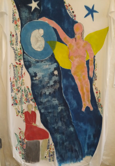 Installation RIO DA VIDA, Mixmedia auf Stoff, 2026