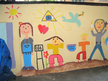 (KIDS-2013-001-AHB) Logo Bambini di Gesù Disegno del gruppo deir bambini sul balcone - Logo Jesuskinder Balkonbild Kindergruppen
