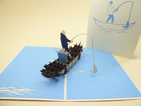 carte pop-up pêcheur dans sa barque anniversaire et fête des pères