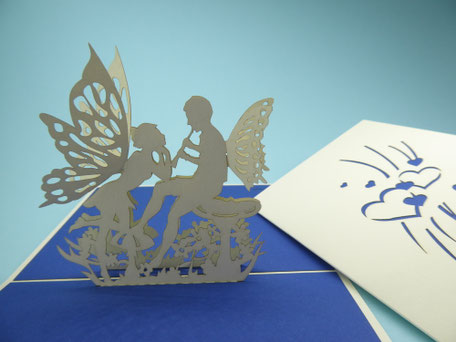 carte pop-up elfes amoureux ivoire et bleu foncé