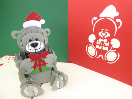 Carte pop-up de noël ourson de noël avec son bonnet de noël et son cadeau