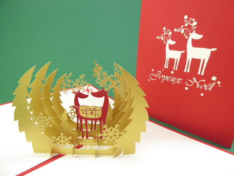 carte pop-up cerfs en forêt rouge et or joyeux noël