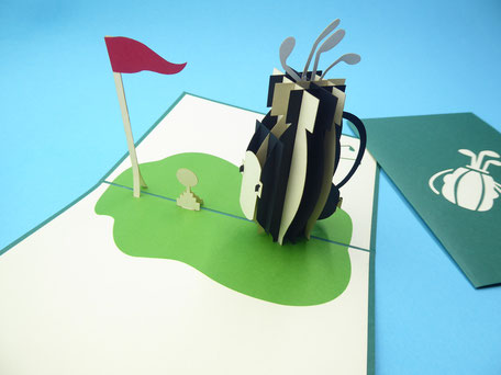 carte d'anniversaire en pop-up pour un golfeur avec un sac de golf et ses clubs