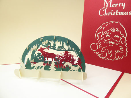 carte pop-up Père Noël en forêt en carte de Joyeux Noël