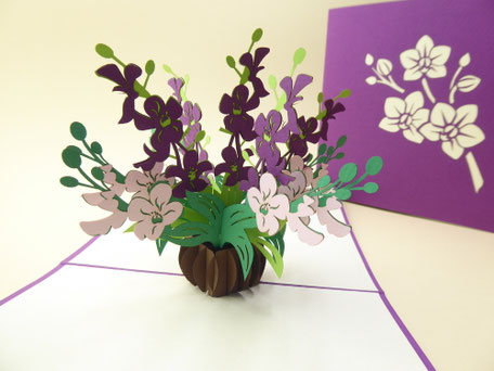 Carte pop-up Bouquet d'orchidées violet et rose avec son feuillage vert