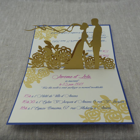 Faire-part mariage pop-up sur mesure couleurs au choix texte personnalisable