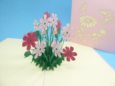 Carte pop-up bouquet de fleurs cosmos avec des petites fleurs roses et rouges