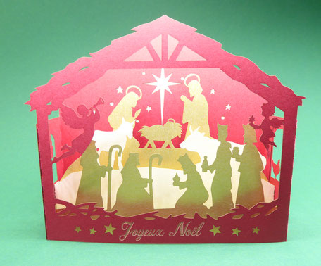 Carte diorama crèche de Noël rouge et or