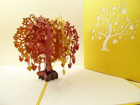 carte pop-up arbre de coeurs rouge orange et or, carte d'anniversaire 50 ans de mariage