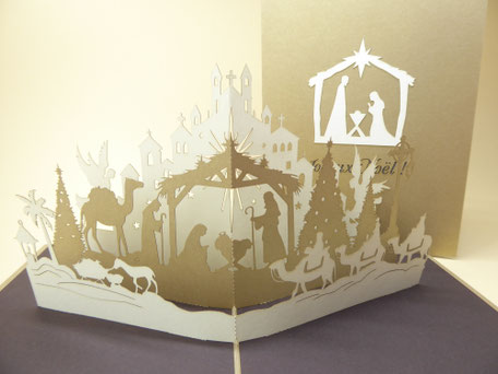 Carte pop-up Crèche de noël nativité or et marron