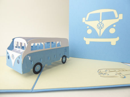 carte pop-up combi van Volkswagen transporteur bleu