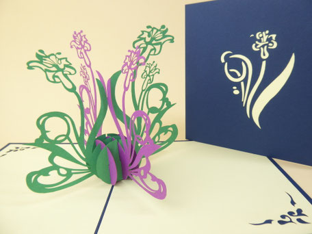 Carte pop-up bouquet d'iris mauve et vert