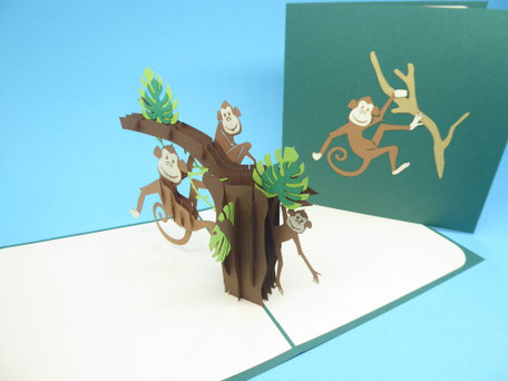 Carte pop-up singes dans la jungle en carte d'anniversaire et voeux pour enfants