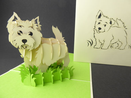 carte pop-up chien marron westie, terrier cairn, Norwich terrier, west terrier, yorkshire