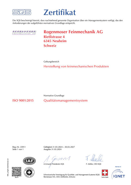 Rogenmoser Feinmechanik AG Zertifikat ISO 9001