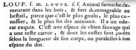 Définition du mot Loup dans le dictionnaire d’Antoine Furetière de 1690.