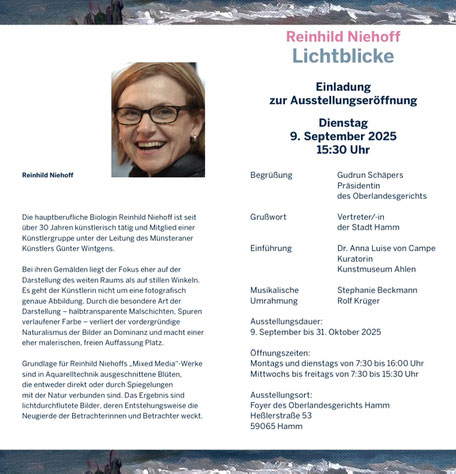 Im Oberlandesgericht Hamm stellt Reinhild Niehoff vom 9.9. bis zum 31.10 2025 in einer umfassenden Ausstellung ihre Arbeiten aus.