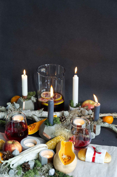 Thanksgiving or Autumn Feast Centrepiece Inspiration, A tables cape design with concrete copper accents, Reindeer moss, pumpkin and friends