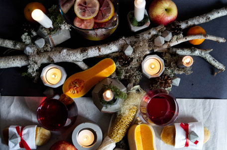 Thanksgiving or Autumn Feast Centrepiece Inspiration, A tables cape design with concrete copper accents, Reindeer moss, pumpkin and friends