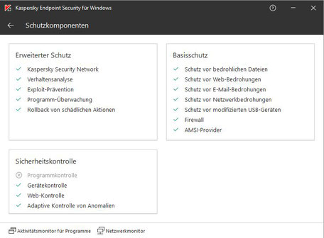 Kaspersky Endpoint Security 11 Fenster Schutzkomponenten
