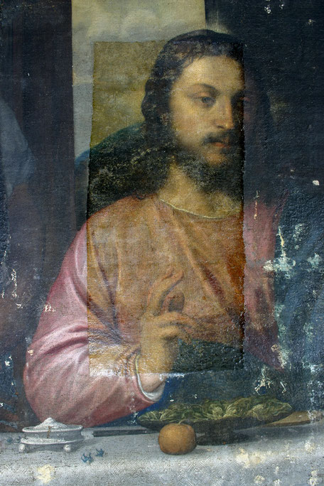 Kopie nach Tizian „Christus in Emmaus“, nach 1535,                Staatliche Kunstsammlungen Dresden - Alte Meister, Zustand während der Restaurierung