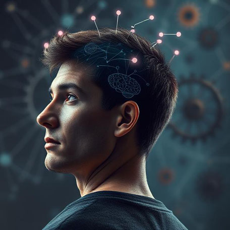 Kopf eines jungen Mannes in Seitansicht vor dunklem Hintergrund mit leuchtend roten Punkten und Linien, die neuronale Verbindungen im Gehirn symbolisieren, Visualisierung der limbischen Systemaktivität und unbewusster emotionaler Prozesse