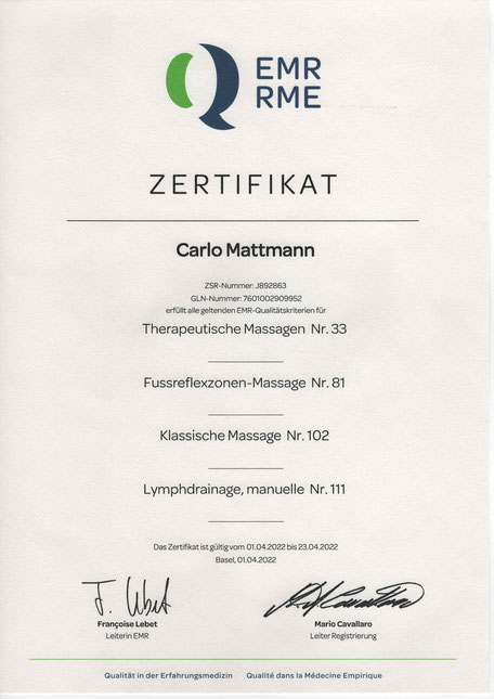 Zertifikat Massagen EMR/RME Carlo Mattmann