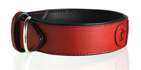 Handgefertigtes Hundehalsband mit Namen aus Leder Ton-in-Ton in Rot.