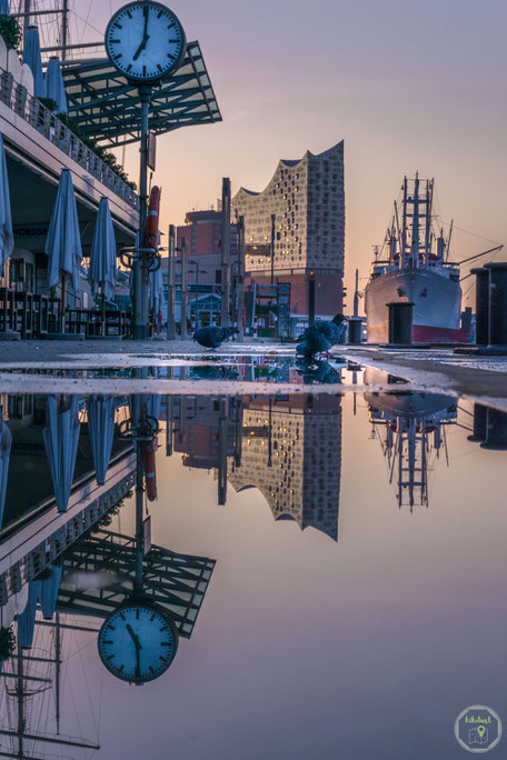 Hamburg Deutschland Landungsbrücken regen überflutet reflektion cap san diego elbphilharmonie spiegelung sonnenaufgang