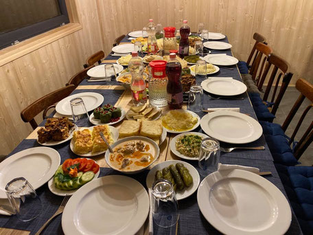 Rich Georgian Dinner table in our new hut...